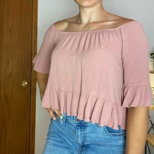 Flowy Off the Shoulder Crop Top Pink Short Sleeve